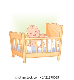 Cute little baby sit in bed. Pretty child in diaper awake. Baby waving hands. Healthy sleep. Beige bed, white pillow and sheets. Happy baby smile. Toys near bed. Kid's room. Color vector illustration.