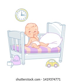 Cute little baby sitting in bed. Pretty child in diaper don't sleep. Sleep problems. White bed, pillow and sheets. Sweet baby boy or girl with  toys. Kid's room. Color vector illustration.