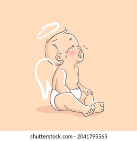 Cute little baby sitting on floor and crying. Vector cartoon illustration