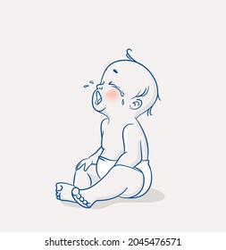 Cute Little Baby Sitting On Floor And Crying. Vector Cartoon Illustration