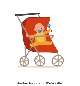 Cute little baby sitting in an red baby stroller. Safety handle transportation of small kids concept. Flat vector illustration
