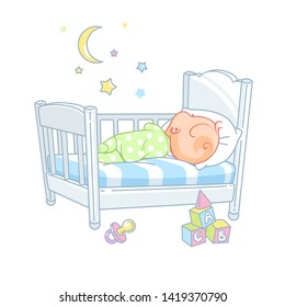 Cute Little Baby Sleep In Bed. Pretty Child In Pajamas Sleep At Night. Healthy Sleep. White Bed, Pillow And Sheets. Sweet Baby Boy Form Back, Toys Near Bed. Kid's Room. Color Vector Illustration.