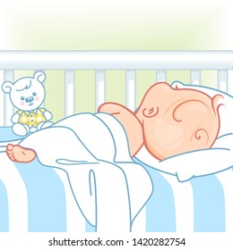 Cute little baby sleep in bed. Pretty child in diaper sleep at night. Healthy peaceful sleep. White bed, pillow and sheets. Sweet baby with teddy bear. Kid's bedroom. Color vector illustration.