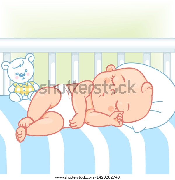 Cute little baby sleep in bed. Pretty child\
in diaper sleep at night. Healthy peaceful sleep. White bed, pillow\
and sheets. Sweet baby with teddy bear. Kid\'s bedroom. Color vector\
illustration.