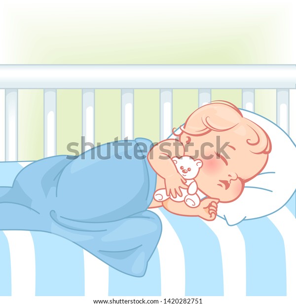 Cute little baby sleep in bed. Pretty child\
in diaper sleep at night. Healthy peaceful sleep. White bed, pillow\
and sheets. Sweet baby with teddy bear. Kid\'s bedroom. Color vector\
illustration.
