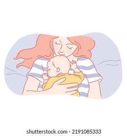 Cute little baby sleeping on mothers belly. Mother and child together.  Woman embrace son or daughter. co-sleeping. Parent comforts a child. Mothers love. Color vector illustration. 