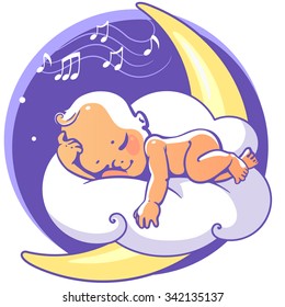 Cute little baby sleeping on moon listen lullaby. Colorful vector illustration. Smiling cartoon kid lying on cloud as soft pillow. Child resting at night. Kid sleeping on stomach Baby shower card.