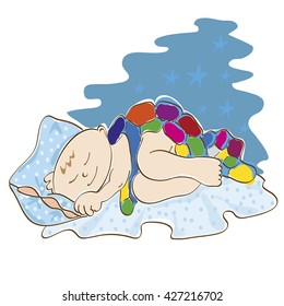 Cute little baby is sleeping on a bed under a blanket of color