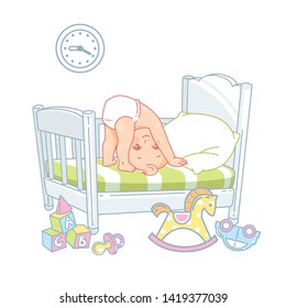 Cute Little Baby Stand On Head In Bed. Pretty Child In Diaper Don't Sleep At Night.  White Bed, Pillow And Sheets. Active Baby Upside Down.  Toys Near Bed. Kid's Room. Color Vector Illustration.