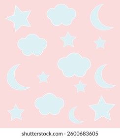Cute little baby sweet lullaby vector with stars, clouds moon pink background. Adorable seamless wallpaper. Graphic pattern design decoration, prints, cards, textile, banner, Unicorn dreamy sky style.