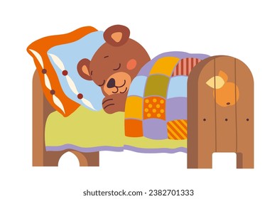 Pequeño y lindo oso de peluche durmiendo en la cama bajo una manta. Ilustración aislada vectorial sobre fondo blanco.