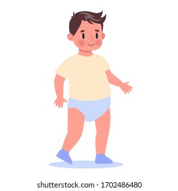 Cute little baby. Ten month old child standing. Kid in the diaper. Isolated vector illustration in cartoon style