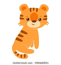 Cute little baby tiger. Happy animal character in cartoon style. Flat vector illustration for nursery or playroom. Design for child and kid printable t-shirt, greeting card, wall art, postcard