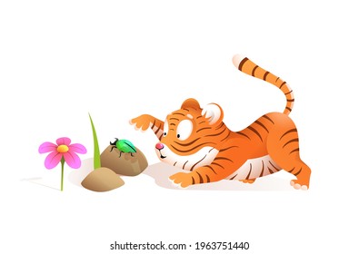 Cute little baby tiger palying with bug in jungle, funny illustration for children. Kids tiger cub vector cartoon in watercolor style.