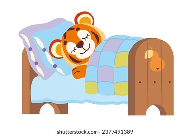 Cute little baby tiger sleeping in bed under blanket. Vector flat isolated illustration on white background.