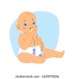 Cute little baby toddler in diaper sitting and holding a toy. Active curious newborn boy from 2 months to a year learns the world. Vector illustration on blue background for baby shower invitation