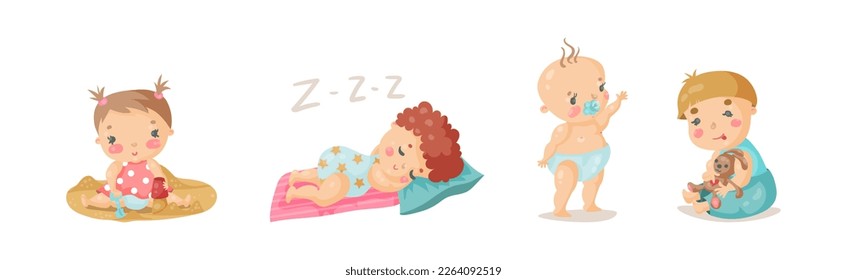 Cute Little Baby or Toddlers Doing Different Activities Vector Set