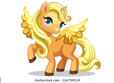 Cute little baby unicorn with beautiful golden hairstyle and wings in standing pose vector illustration