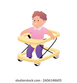 Cute little baby walking on baby walker. Vector flat illustration of first year child activity. Cartoon cheerful infant development, toddler evolution isolated on white background