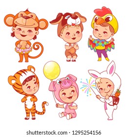 Cute little baby wear carnival costumes. Kindergarten masquerade. Preschool kids as animals. Mask of monkey, dog, rooster, tiger, pig, rabbit, puppy. Girls and boys play animals. Vector illustration.