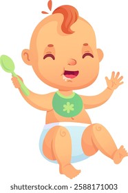 Cute little baby wearing a diaper and bib, happily holding a spoon, drooling while waving and smiling, sitting cheerfully against a clean white background