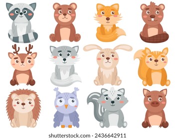 Cute little baby wild forest animals and owl bird cartoon characters vector illustration. Funny small raccoon, bear, fox, beaver, hedgehog, deer, hare, squirrel, wolf, skunk, boar isolated set