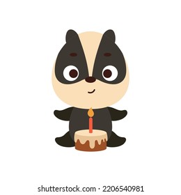 Cute little badger with birthday cake on white background. Cartoon animal character for kids cards, baby shower, invitation, poster, t-shirt composition, house interior. Vector stock illustration