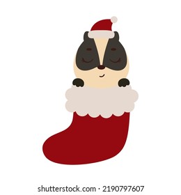Cute little badger in Christmas sock. Cartoon animal character for kids cards, baby shower, invitation, poster, t-shirt composition, house interior. Vector stock illustration.