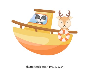 Cute little badger and deer sailing on yellow ship. Cartoon character for childrens book, album, baby shower, greeting card, party invitation, house interior. Vector stock illustration.
