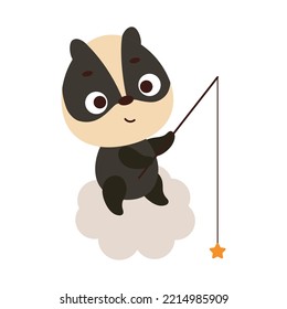 Cute little badger fishing star on cloud. Cartoon animal character for kids t-shirt, nursery decoration, baby shower, greeting cards, invitations, house interior. Vector stock illustration