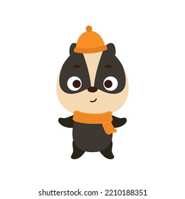 Cute little badger in hat and scarf. Cartoon animal character for kids t-shirts, nursery decoration, baby shower, greeting card, invitation, house interior. Vector stock illustration