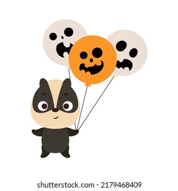 Cute little badger holding Halloween balloons. Cartoon animal character for kids t-shirts, nursery decoration, baby shower, greeting card, invitation. Vector stock illustration
