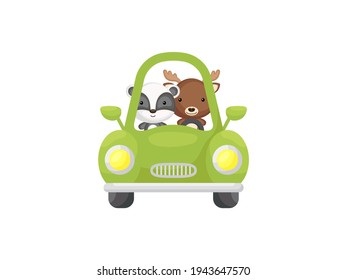 Cute little badger and moose driving green car. Cartoon character for childrens book, album, baby shower, greeting card, party invitation, house interior. Vector stock illustration.