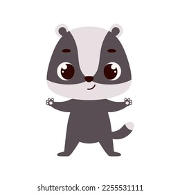 Cute little badger on white background. Cartoon animal character for kids cards, baby shower, invitation, poster, t-shirt composition, house interior. Vector stock illustration