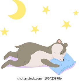 Cute little badger sleeping on pillow. Dream, woodland animal, children design, nursery concept. Can be used as kids poster. Stock vector illustration in flat cartoon style isolated on white.