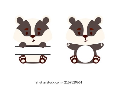 Cute little badger split monogram. Funny cartoon character for kids t-shirts, nursery decoration, baby shower, greeting cards, invitations, scrapbooking, home decor. Vector stock illustration