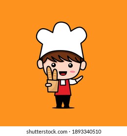 Cute little bakery boy mascot character holding bread in brown paper bag with wearing chef hat and uniform. Flat vector illustration