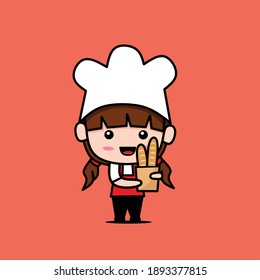 Cute little bakery girl mascot character holding bread in brown paper bag with wearing chef hat and uniform. Flat vector illustration