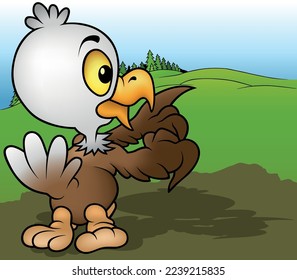 Cute Little Bald Eagle Counting His Feathers - Colored Cartoon Illustration with Background, Vector