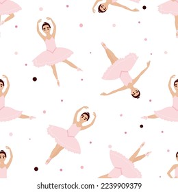 Cute little ballerina in ballet poses. Vector seamless pattern. Princess girl is dancing