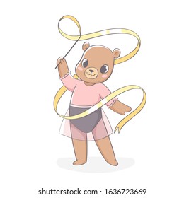 Cute little ballerina bear girl character in tutu dress hand drawn vector illustration. Can be used for t-shirt print, kids wear, fashion design, baby shower invitation card, poster, birthday, nursery