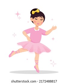 Cute little ballerina. Child dancing in beautiful pink dress and bow. Children ballet, choreography. Design element for postcards, social networks and print. Cartoons flat vector illustration.