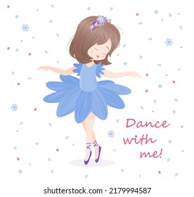 Cute little ballerina. Colorful poster with girl dancing in blue dress or tutu and pointe shoes. Design element for printing on paper, fabric or children clothing. Cartoon flat vector illustration