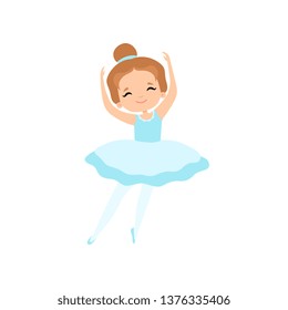 Cute Little Ballerina Dancing, Girl Ballet Dancer Character in Light Blue Tutu Dress Vector Illustration