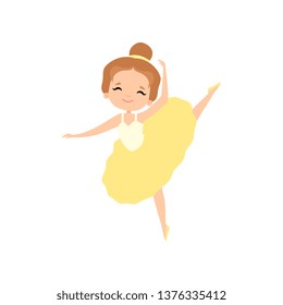Cute Little Ballerina Dancing, Lovely Girl Ballet Dancer Character in Yellow Tutu Dress Vector Illustration