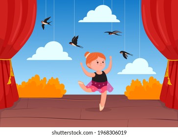Cute little ballerina dancing on stage with decorations. Cartoon vector illustration. Girl dancing on scene with flying paper swallows, clouds above her head. Nature, animal, dancing, ballet concept