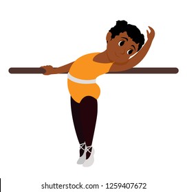 Cute little ballerina doing exercise at the barre. Clipart of a beautiful girl dancing ballet. Kids ballet cartoon illustration on white background.