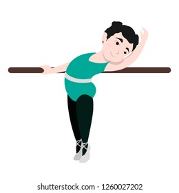 Cute little ballerina doing exercise at the barre. Clipart of a beautiful girl dancing ballet. Kids ballet cartoon illustration on white background.