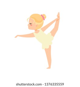 Cute Little Ballerina Doing Exercise, Blonde Girl Ballet Dancer Character Training Vector Illustration