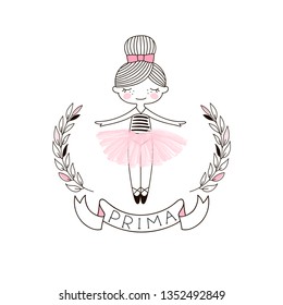 Cute little Ballerina Doll in pink transparent ballet skirt. Simple linear vector graphic illustration isolated on white . Perfect for girlish design, t-shirt fashion print, girl room wall poster